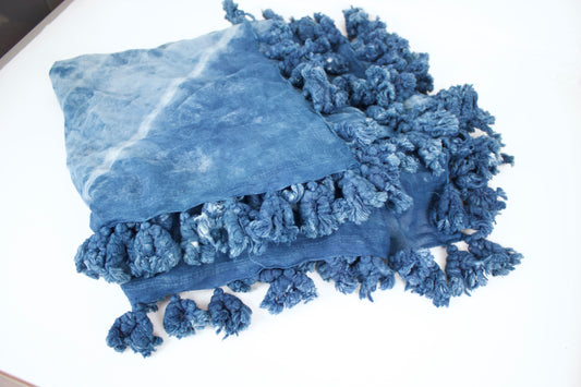 Handwoven Organic Cotton Pom Pom Shawl - Indigo Squares