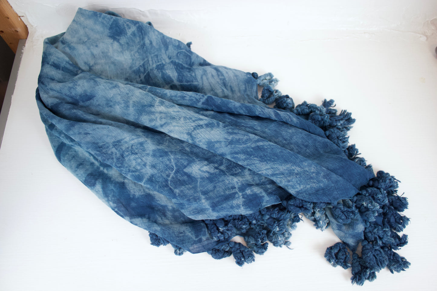 Handwoven Organic Cotton Pom Pom Scarf - Indigo Squares