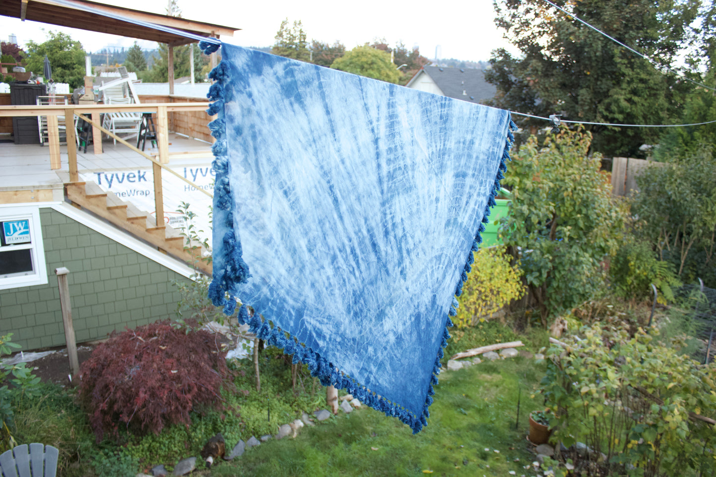 Handwoven Organic Cotton Pom Pom Scarf - Indigo Squares