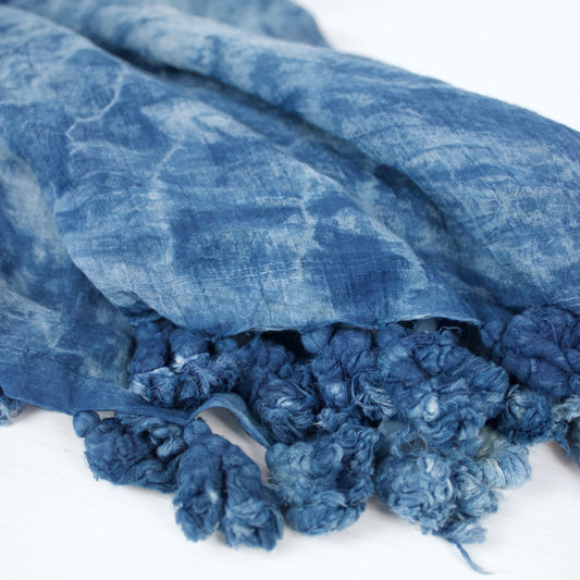 Handwoven Organic Cotton Pom Pom Scarf - Indigo Squares